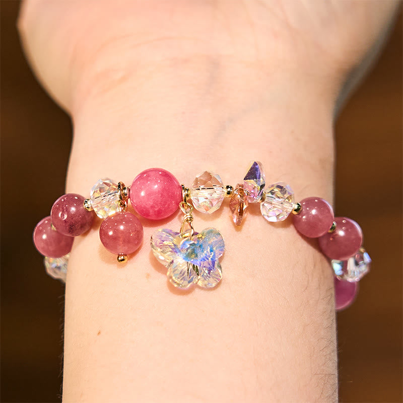 Buddha Stones Strawberry Quartz White Crystal Pink Crystal Butterfly Love Bracelet - image 4