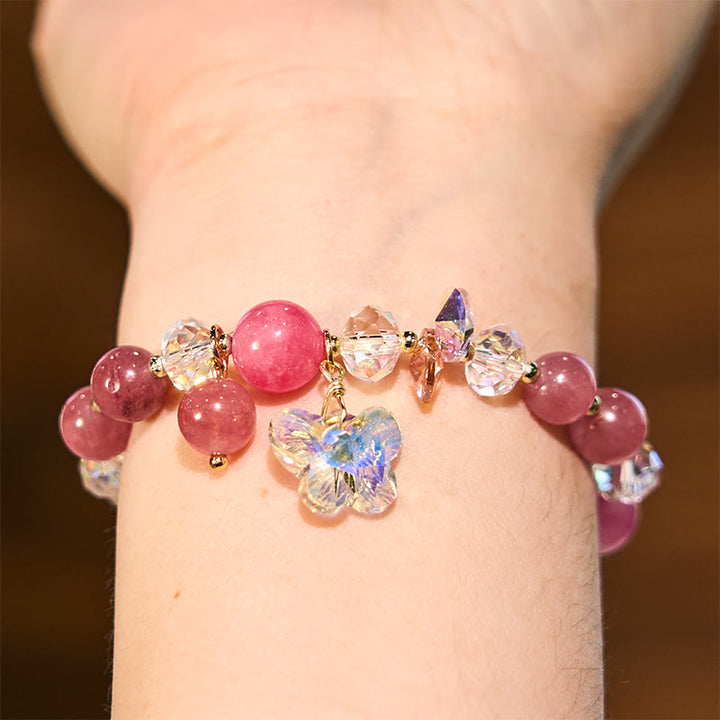 Buddha Stones Strawberry Quartz White Crystal Pink Crystal Butterfly Love Bracelet - image 4