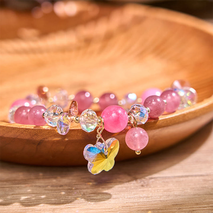 Buddha Stones Strawberry Quartz White Crystal Pink Crystal Butterfly Love Bracelet - Strawberry Quartz(Wrist Circumference: 14-16cm) - image 0