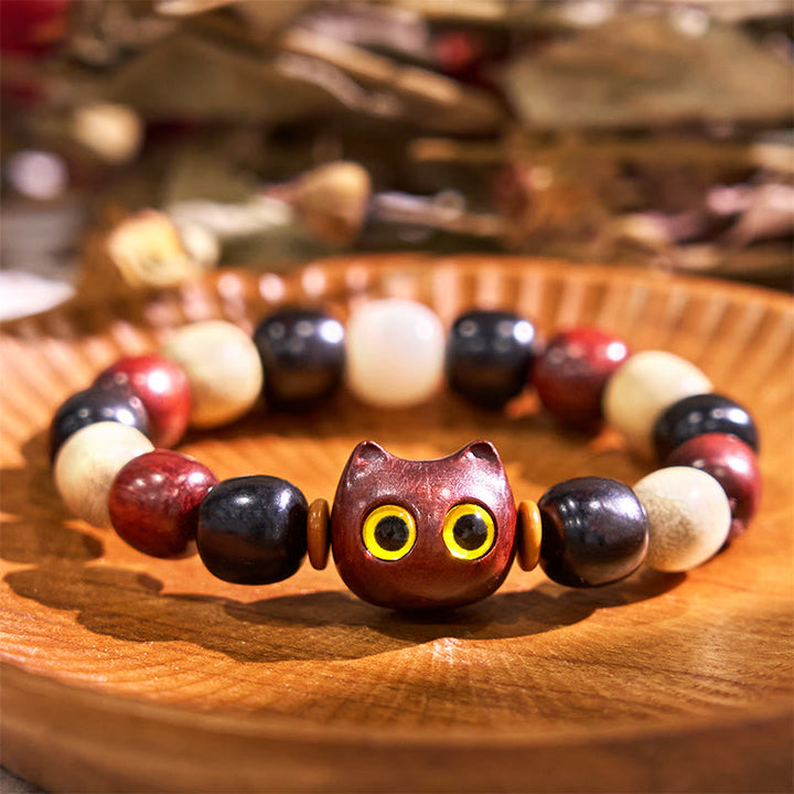 Buddha Stones Small Leaf Red Sandalwood Ebony Wood Cute Cat Engraved Protection Bracelet - Small Leaf Red Sandalwood(Keep away evil spirits♥Protection) - image 16