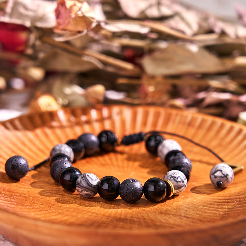 Buddha Stones Black Obsidian Lava Rock Stone Yin Yang Strength Bracelet - Black Obsidian&Lava Rock - image 0