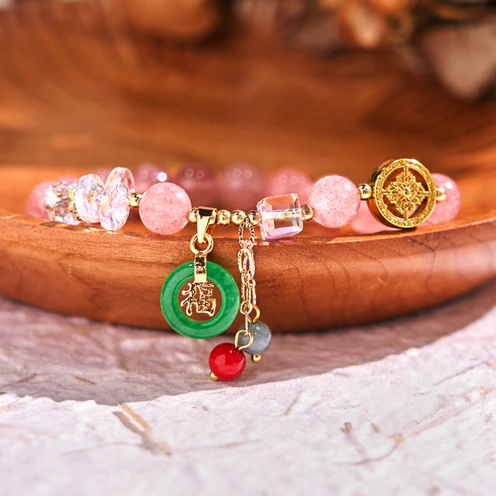 Buddha Stones Strawberry Quartz Jade Fu Character Charm Healing Bracelet - Strawberry Quartz(Wrist Circumference 14-16cm) - image 0