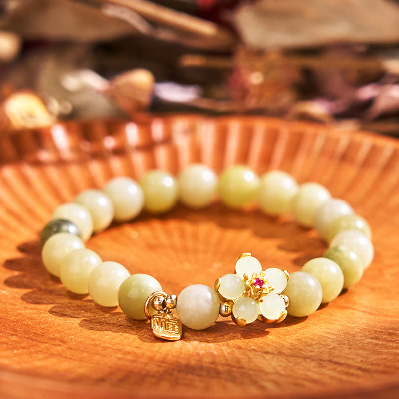 Buddha Stones Green Jade Flower Fu Character Charm Luck Bracelet - Jade(Wrist Circumference 14-16cm) - image 0