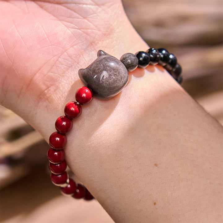 Buddha Stones Black Obsidian Cinnabar Silver Sheen Obsidian Cat Fulfilment Bracelet - image 3