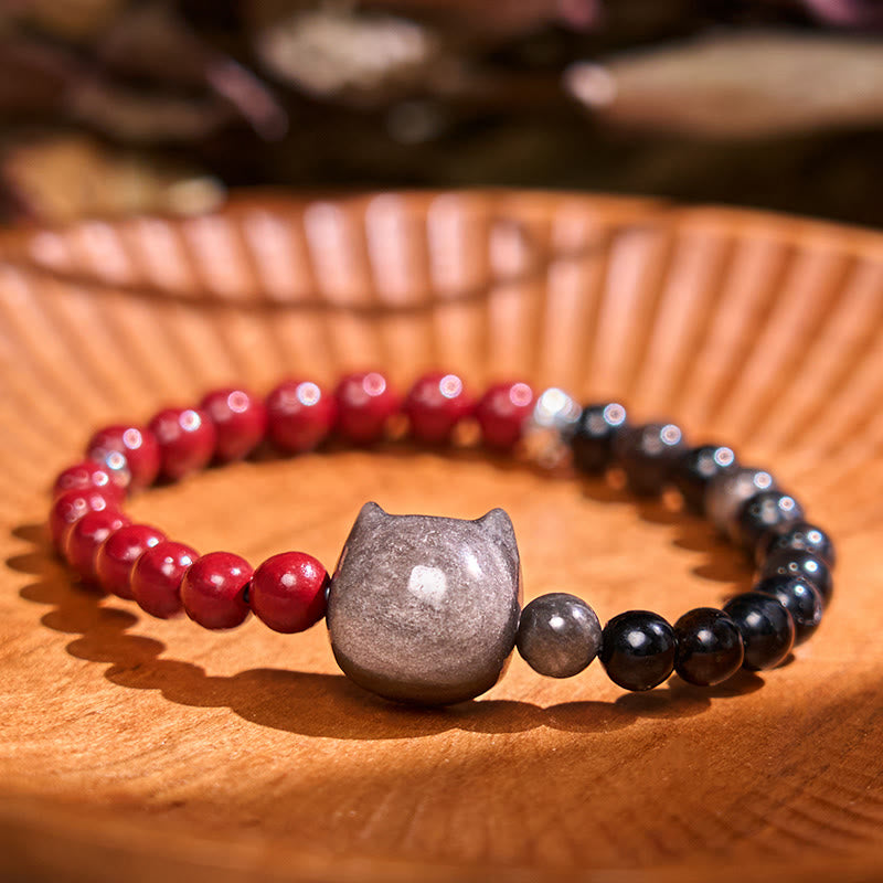 Buddha Stones Black Obsidian Cinnabar Silver Sheen Obsidian Cat Fulfilment Bracelet - Black Obsidian Cinnabar(Wrist Circumference: 14-16cm) - image 0