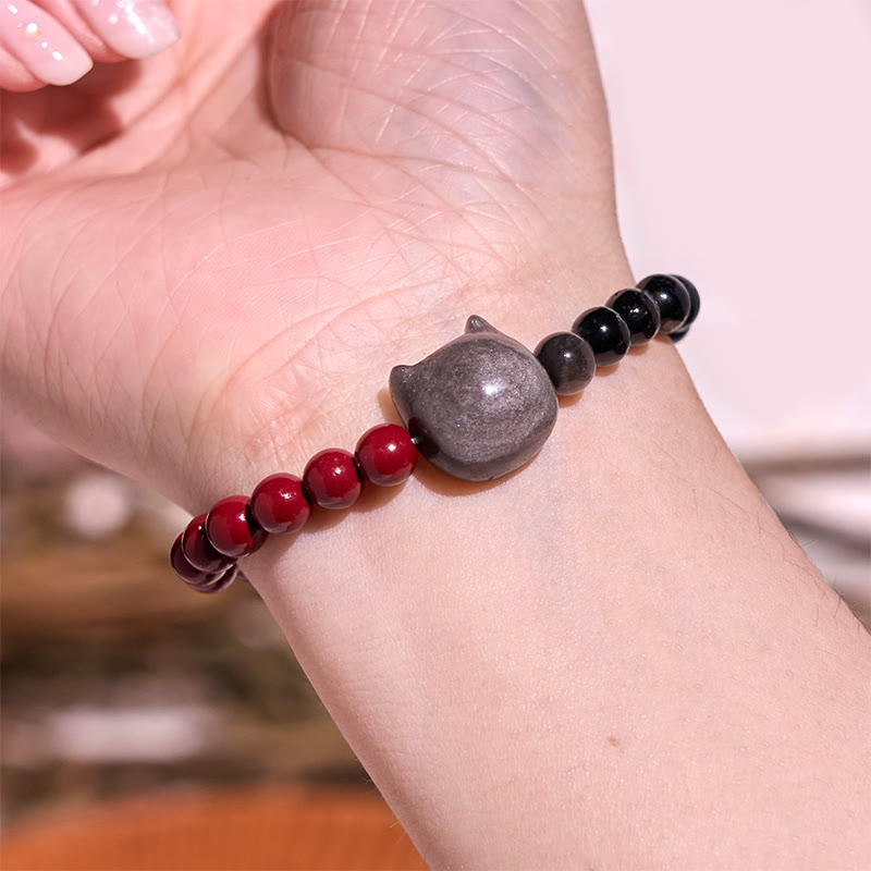 Buddha Stones Black Obsidian Cinnabar Silver Sheen Obsidian Cat Fulfilment Bracelet - image 2
