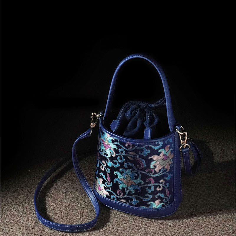 Buddha Stones Retro Lotus Entwined Branches Song Brocade Crossbody Bag Hangbags - DarkBlue Lotus 15*10*16cm - image 0
