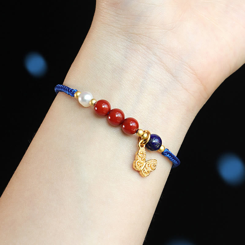 Buddha Stones Klein Blue String South Red Agate Garnet Blue Aventurine Lazurite Lapis Lazuli Copper Butterfly Fu Character Positive Bracelet - image 4