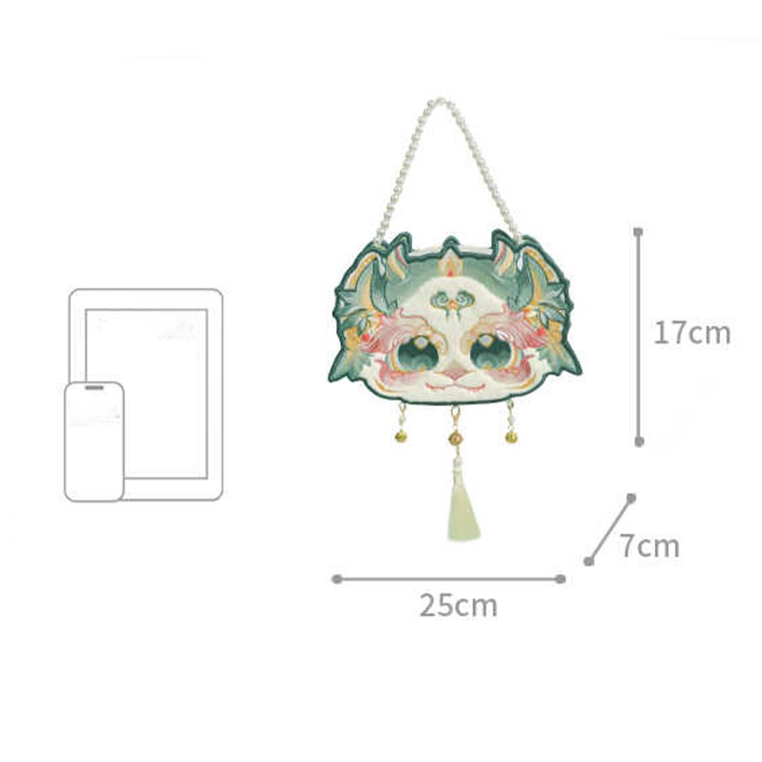 Buddha Stones Double-sided Mythical Beast Bai Ze Embroidery Pearl Chain Tassel Shoulder Bag Crossbody Bag - image 4