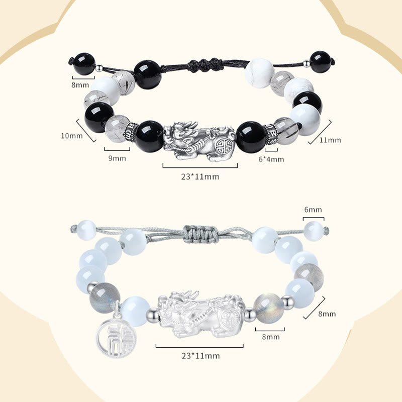 Buddha Stones Pi Xiu Six True Words 999 Sterling Silver Black Obsidian White Turquoise Chrysoberyl Luck Bracelet - 2 PCs - image 17