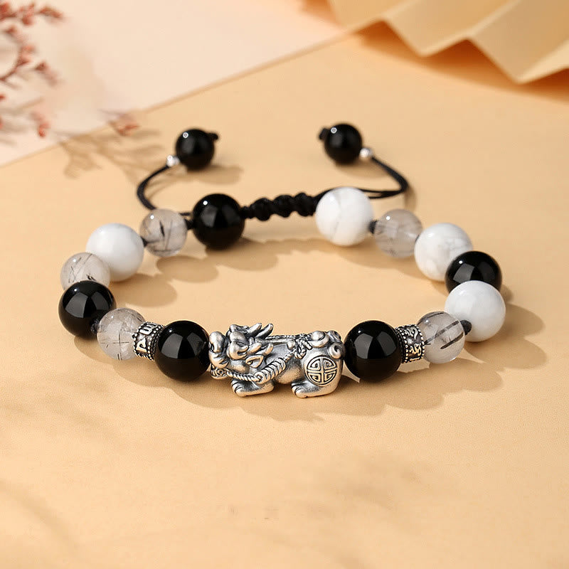 Buddha Stones Pi Xiu Six True Words 999 Sterling Silver Black Obsidian White Turquoise Chrysoberyl Luck Bracelet - 999 Sterling Silver Black Obsidian White Turquoise Black Rutilated Quartz(Wrist Circumference: 20-25cm) - image 0