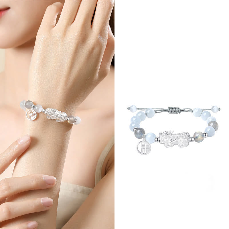 Buddha Stones Pi Xiu Six True Words 999 Sterling Silver Black Obsidian White Turquoise Chrysoberyl Luck Bracelet - image 16