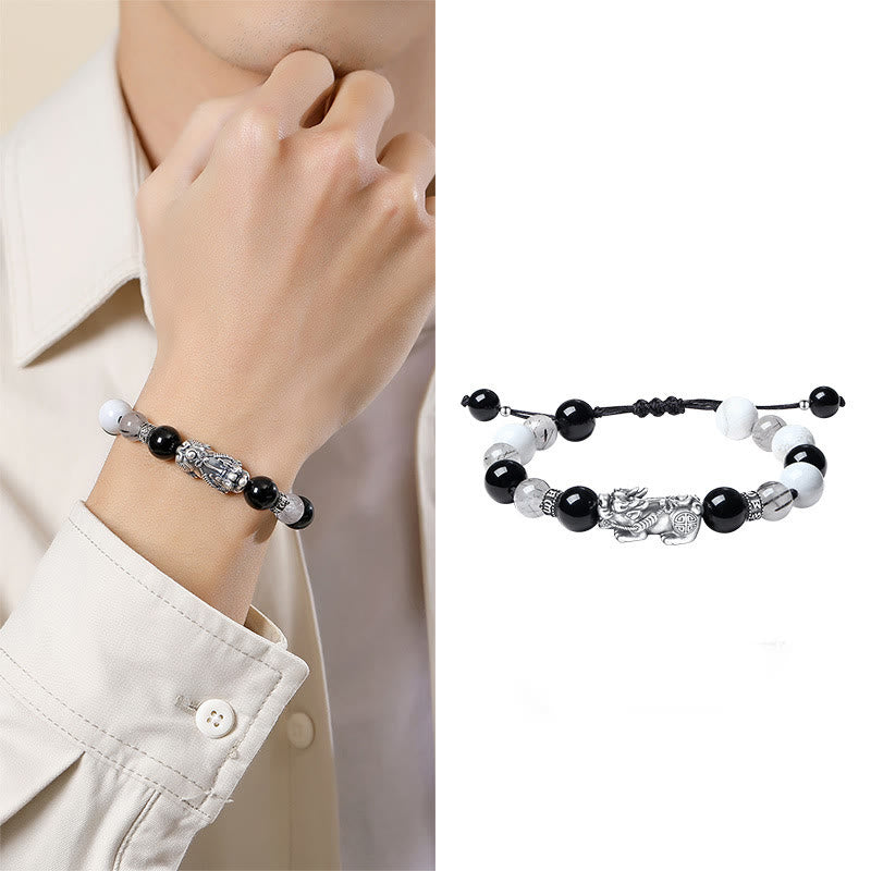 Buddha Stones Pi Xiu Six True Words 999 Sterling Silver Black Obsidian White Turquoise Chrysoberyl Luck Bracelet - image 5