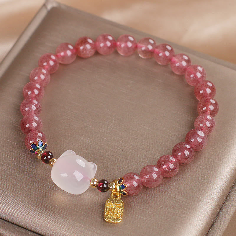 Buddha Stones Strawberry Quartz White Jade Cat Fu Character Healing Bracelet - image 11