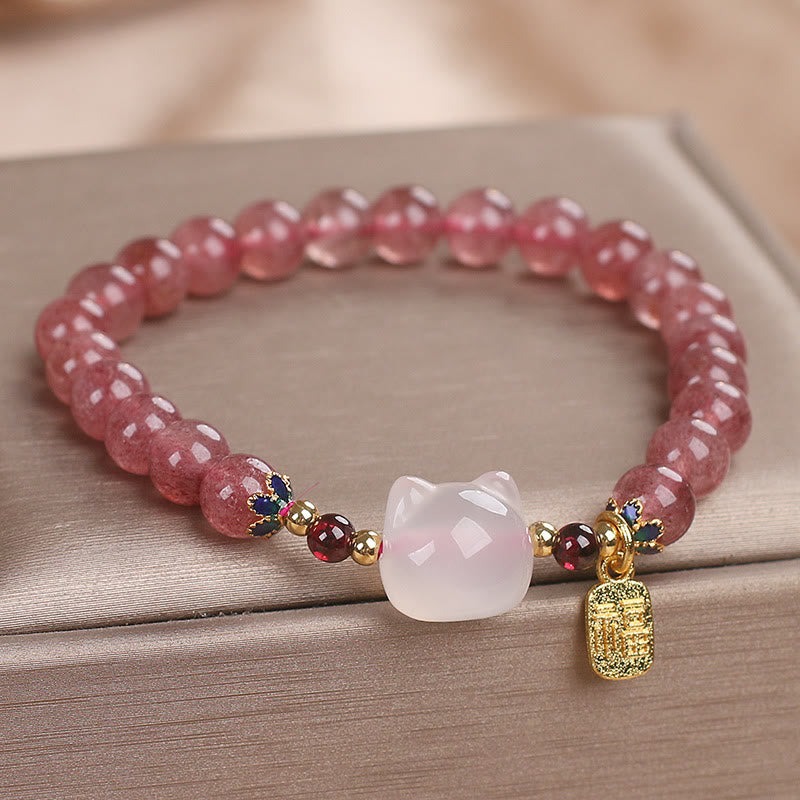 Buddha Stones Strawberry Quartz White Jade Cat Fu Character Healing Bracelet - image 3