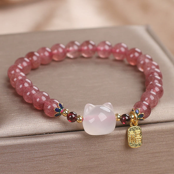 Buddha Stones Strawberry Quartz White Jade Cat Fu Character Healing Bracelet - image 3