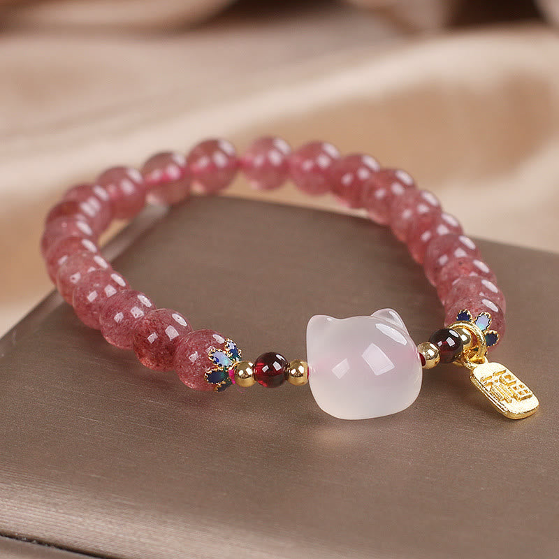 Buddha Stones Strawberry Quartz White Jade Cat Fu Character Healing Bracelet - image 4