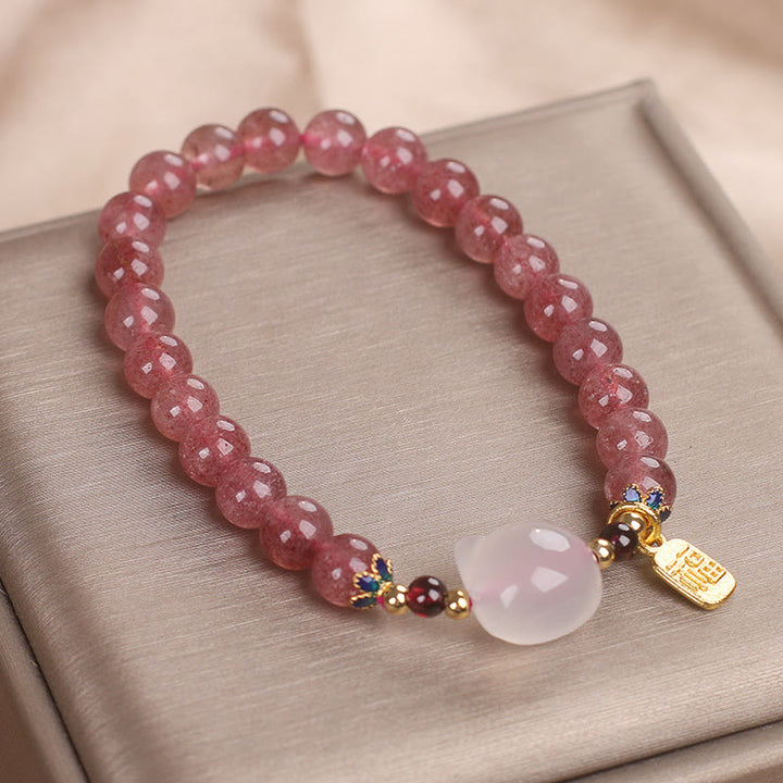 Buddha Stones Strawberry Quartz White Jade Cat Fu Character Healing Bracelet - image 8