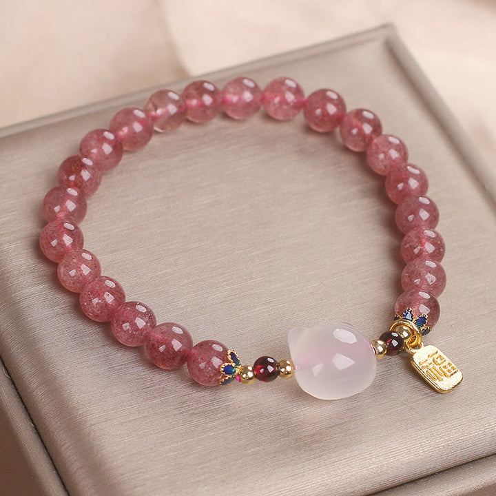 Buddha Stones Strawberry Quartz White Jade Cat Fu Character Healing Bracelet - image 9