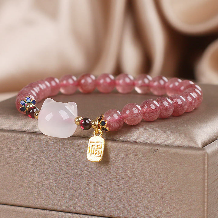 Buddha Stones Strawberry Quartz White Jade Cat Fu Character Healing Bracelet - image 1