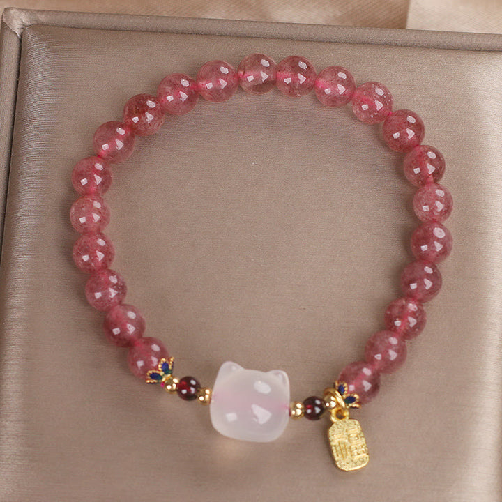 Buddha Stones Strawberry Quartz White Jade Cat Fu Character Healing Bracelet - image 10