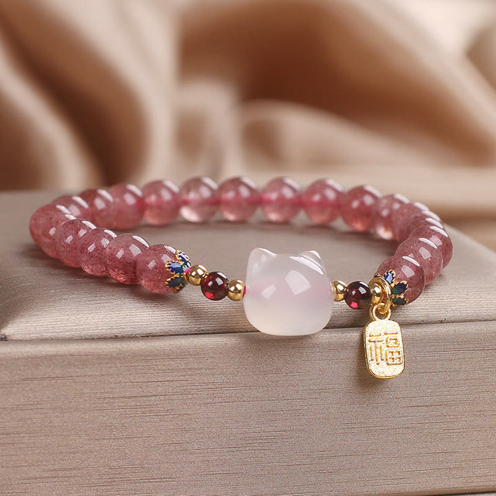 Buddha Stones Strawberry Quartz White Jade Cat Fu Character Healing Bracelet - image 2