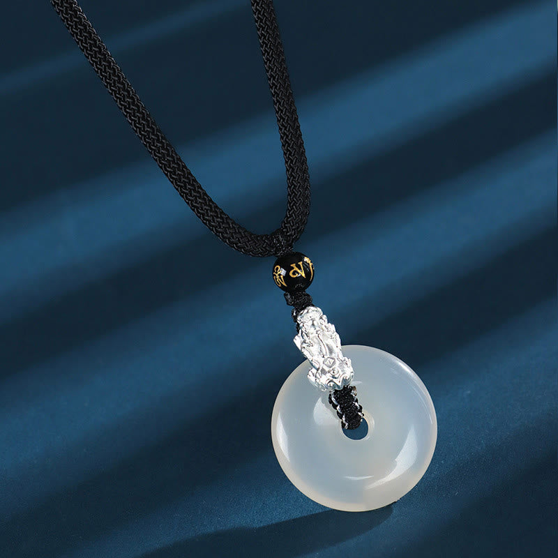 Buddha Stones White Agate 999 Sterling Silver Black Onyx Green Sandalwood Pi Xiu Peace Buckle Six True Words Necklace Pendant - White Agate 999 Sterling Silver Black Onyx - image 1