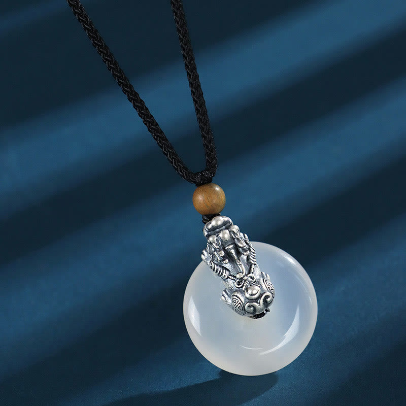 Buddha Stones White Agate 999 Sterling Silver Black Onyx Green Sandalwood Pi Xiu Peace Buckle Six True Words Necklace Pendant - White Agate 999 Sterling Silver Green Sandalwood - image 3