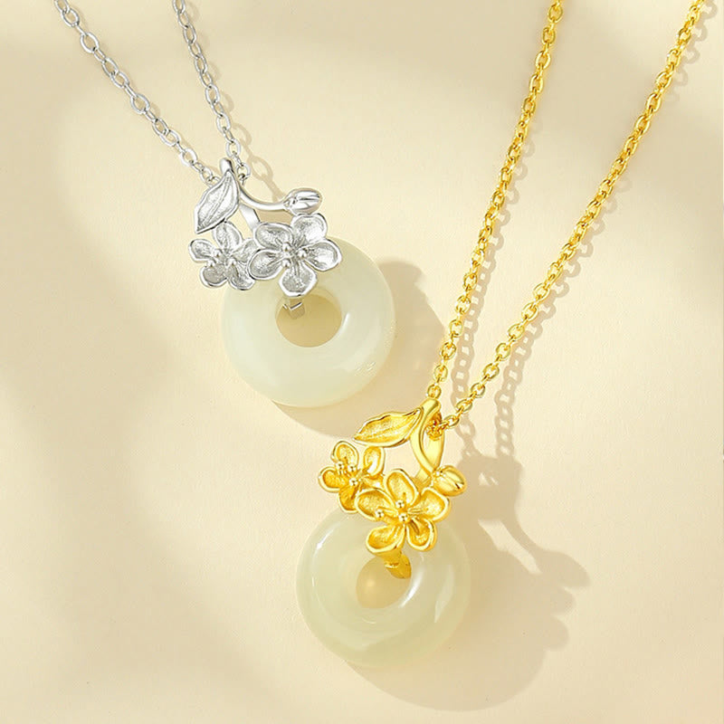 Buddha Stones Hetian Jade 999 Sterling Silver Peace Buckle Peach Blossom Necklace Pendant - image 10