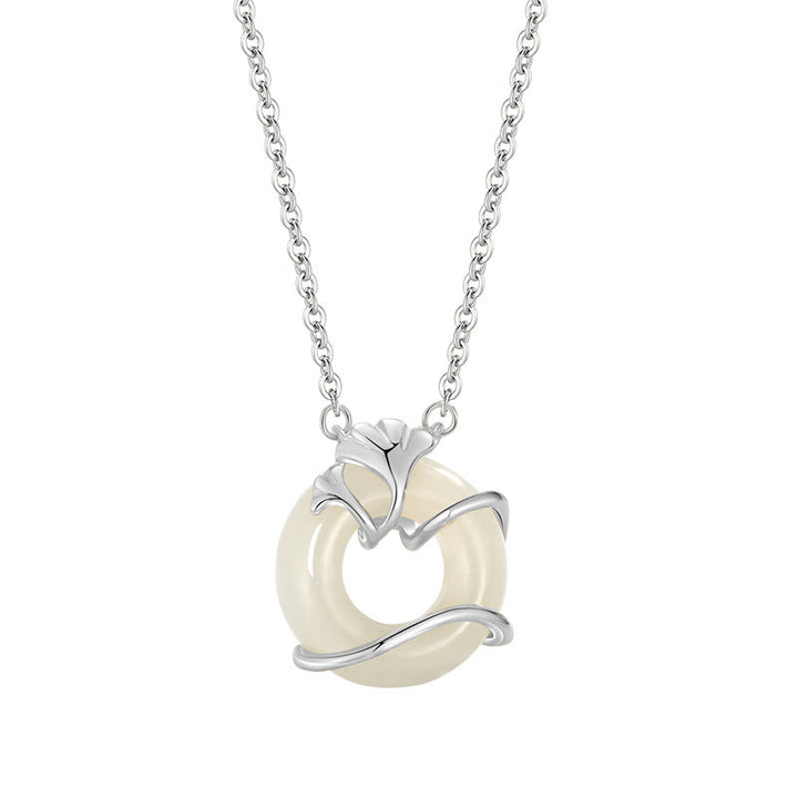 Buddha Stones Hetian Jade 925 Sterling Silver Peace Buckle Ginkgo Leaf Necklace Pendant - image 12