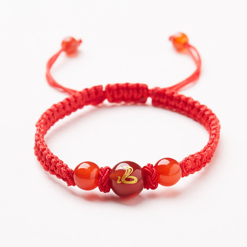Buddha Stones Natural Red Agate Chinese Zodiac Red String Braided Protection Luck Bracelet - Red Agate Chinese Zodiac-Snake - image 0