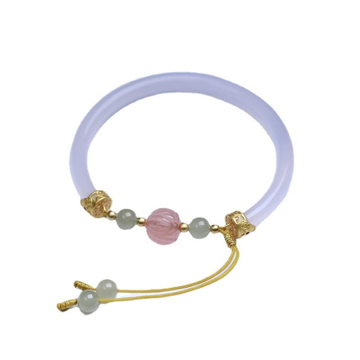 Buddha Stones Natural White Agate Lotus Hetian Jade Beads Positive Bracelet Bangle - image 4