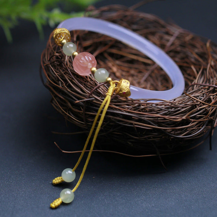 Buddha Stones Natural White Agate Lotus Hetian Jade Beads Positive Bracelet Bangle - image 2