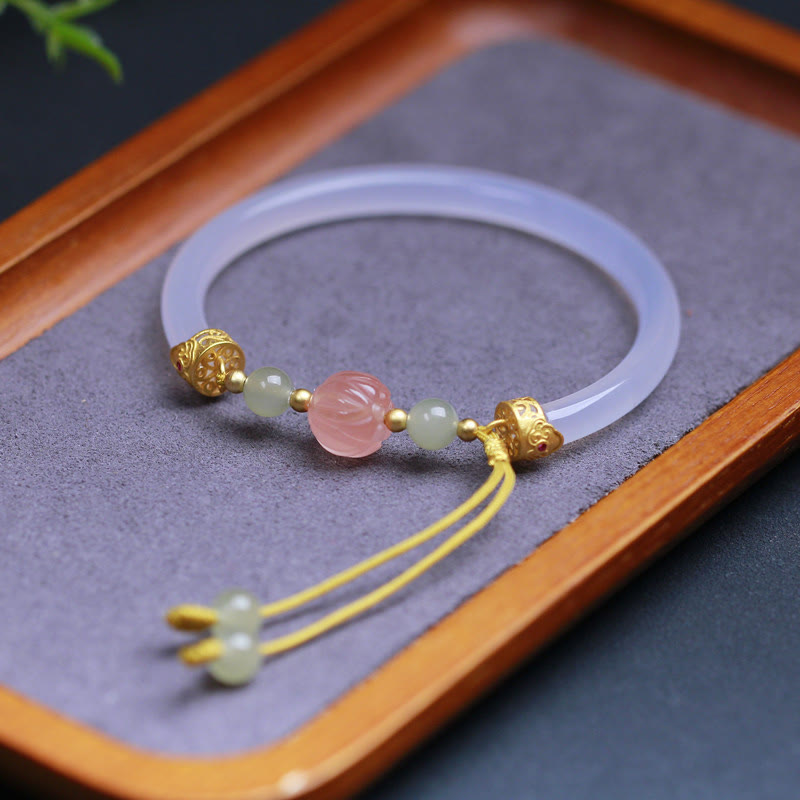 Buddha Stones Natural White Agate Lotus Hetian Jade Beads Positive Bracelet Bangle - image 1