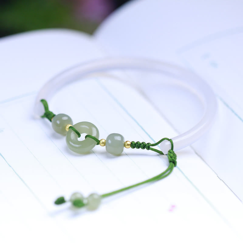 Buddha Stones Natural White Agate Hetian Jade Beads Peace Buckle Positive Bracelet Bangle - image 9