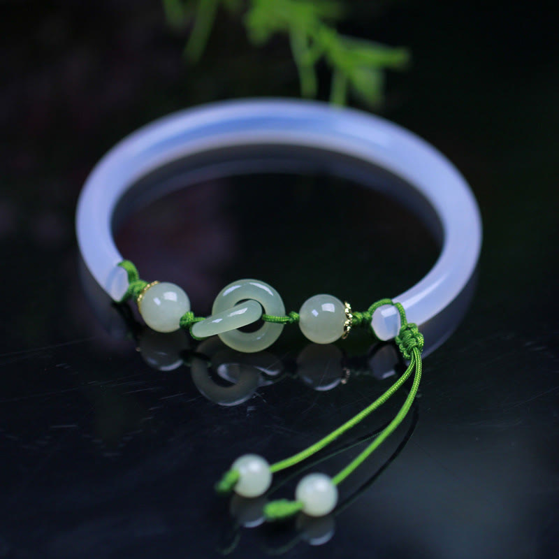 Buddha Stones Natural White Agate Hetian Jade Beads Interlocking Positive Bracelet Bangle - White Agate(Wrist Circumference: 14-17cm) - image 0