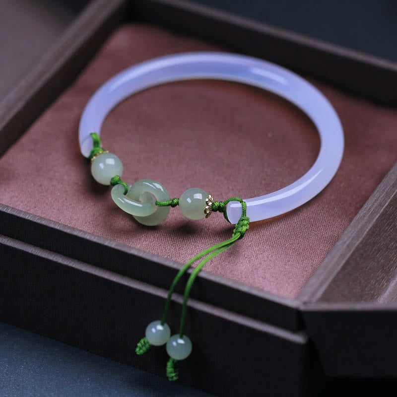 Buddha Stones Natural White Agate Hetian Jade Beads Interlocking Positive Bracelet Bangle - image 1