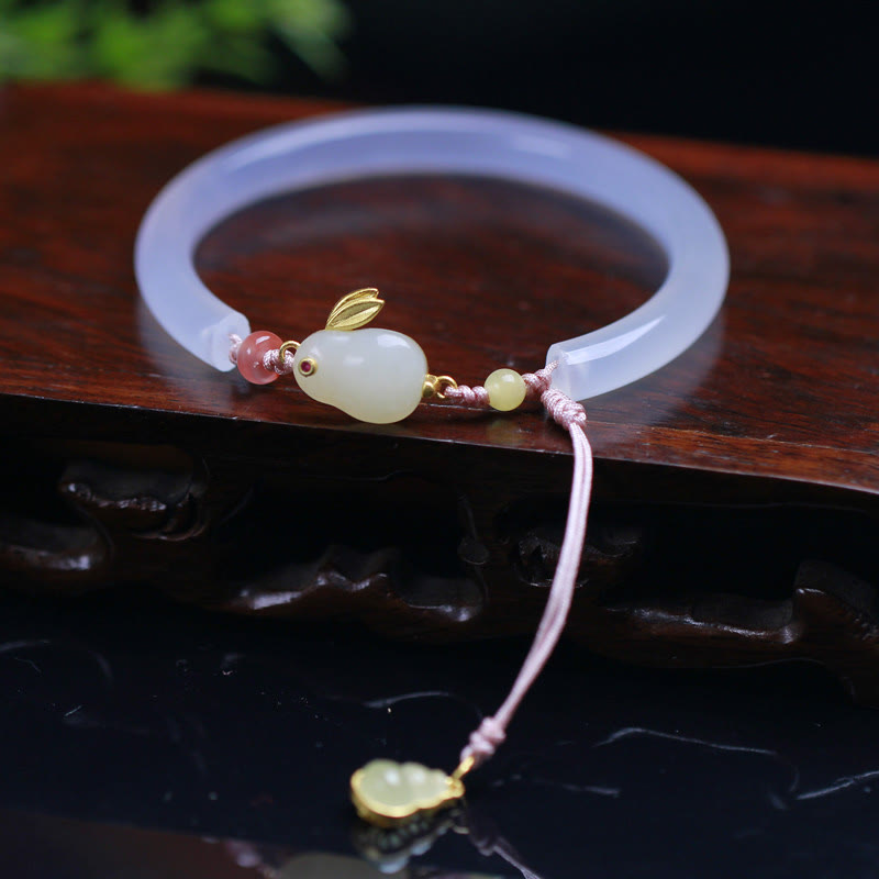 Buddha Stones Natural White Agate Hetian Jade Rabbit Positive Bracelet Bangle - White Agate(Wrist Circumference: 14-17cm) - image 0