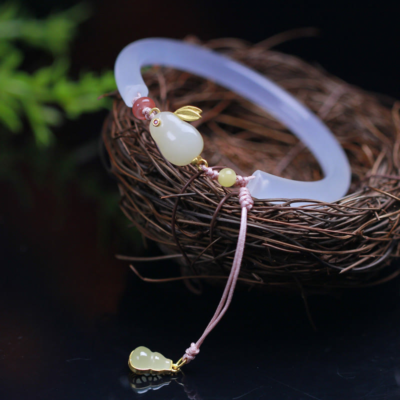 Buddha Stones Natural White Agate Hetian Jade Rabbit Positive Bracelet Bangle - image 1