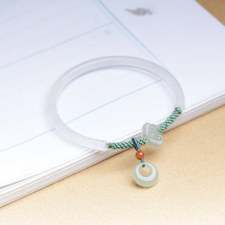 Buddha Stones Natural White Agate Hetian Jade Peace Buckle Auspicious Clouds Positive Bracelet Bangle - image 4