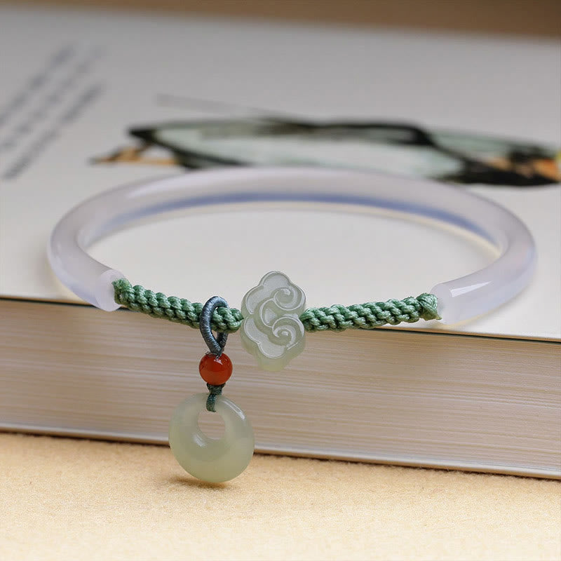 Buddha Stones Natural White Agate Hetian Jade Peace Buckle Auspicious Clouds Positive Bracelet Bangle - White Agate(Wrist Circumference: 14-17cm) - image 0