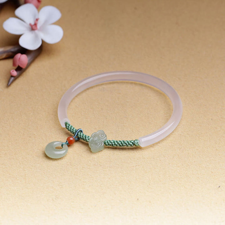 Buddha Stones Natural White Agate Hetian Jade Peace Buckle Auspicious Clouds Positive Bracelet Bangle - image 3
