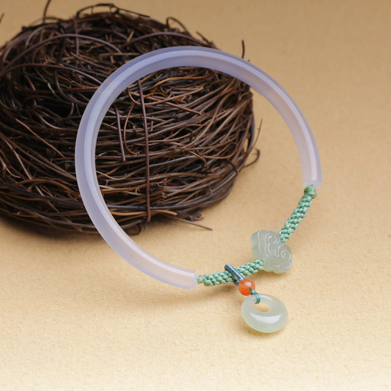 Buddha Stones Natural White Agate Hetian Jade Peace Buckle Auspicious Clouds Positive Bracelet Bangle - image 2