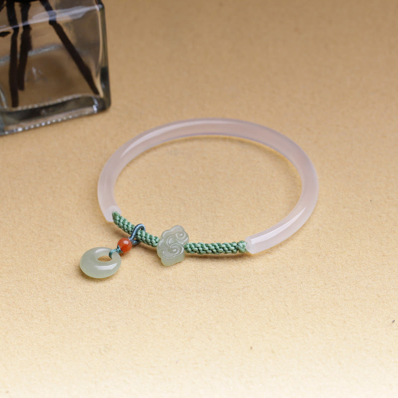 Buddha Stones Natural White Agate Hetian Jade Peace Buckle Auspicious Clouds Positive Bracelet Bangle - image 10