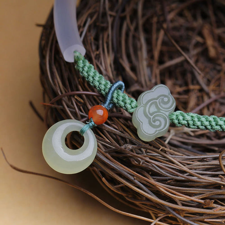 Buddha Stones Natural White Agate Hetian Jade Peace Buckle Auspicious Clouds Positive Bracelet Bangle - image 1