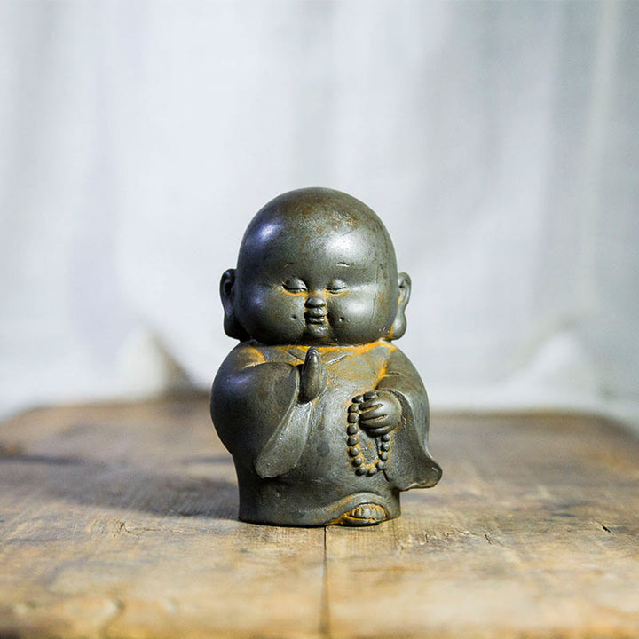 Buddha Stones Handmade Little Monk Iron Powder Rust Cast Resin Statue Home Decoration - Rust Version 12.7*8.3cm - image 0