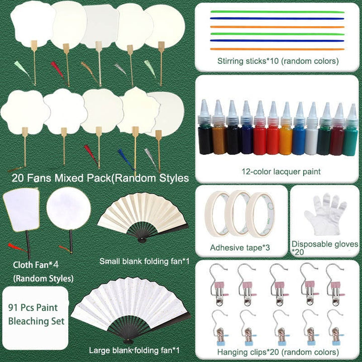 Buddha Stones DIY Chinese Lacquer Fan Blank Painting Handheld Fan - 91 Pcs Paint Bleaching Set - image 23