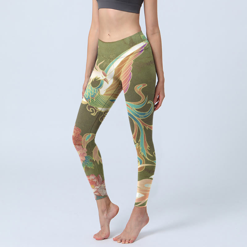 Buddha Stones Vibrant Phoenix Flowers Print Gym Leggings Women's Yoga Pants - OliveDrab - US18，UK/AU22，EU50 (4XL) - image 0