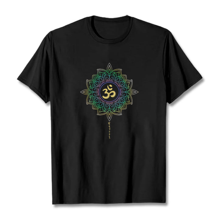 Buddha Stones OM Yellow Green Gradient Lotus Cotton Tee T-shirt - Black - 2XL - image 2