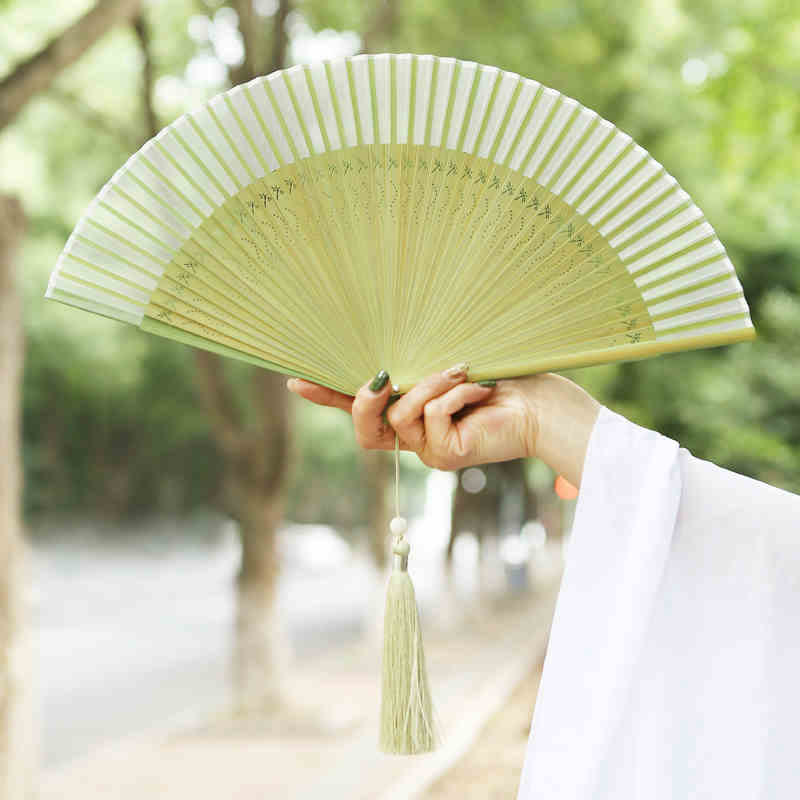 Buddha Stones Solid Color Dragonfly Tassel Handheld Mulberry Silk Bamboo Folding Fan  - image 2
